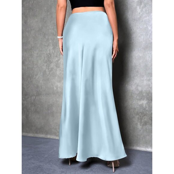 Elegant Satin Maxi Skirt for Women High Waisted Baby Blue Silk Fall Dressy Casul - Picture 6 of 7